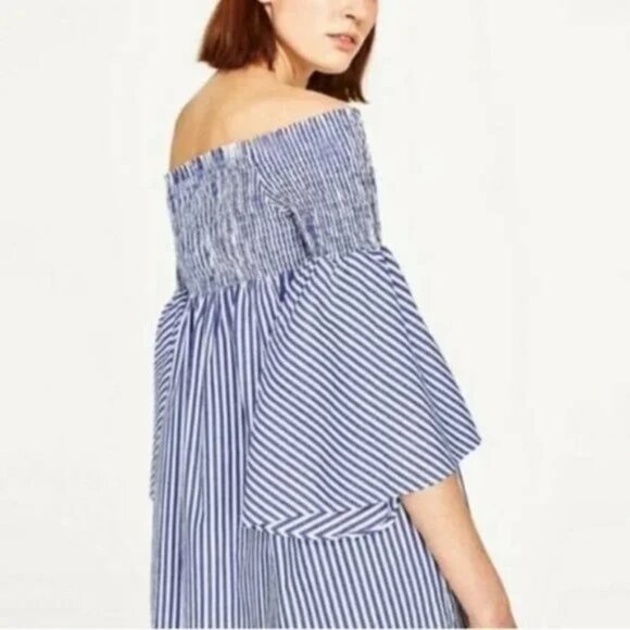 Zara Smocked Dress Bell Sleeve Blue White Striped Casual Dress S - Picture 4 of 15